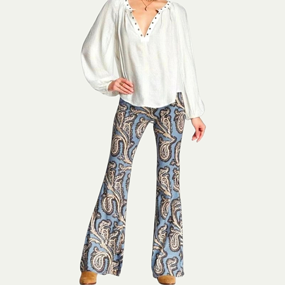 Free People White Blouse and Blue Paisley Pants